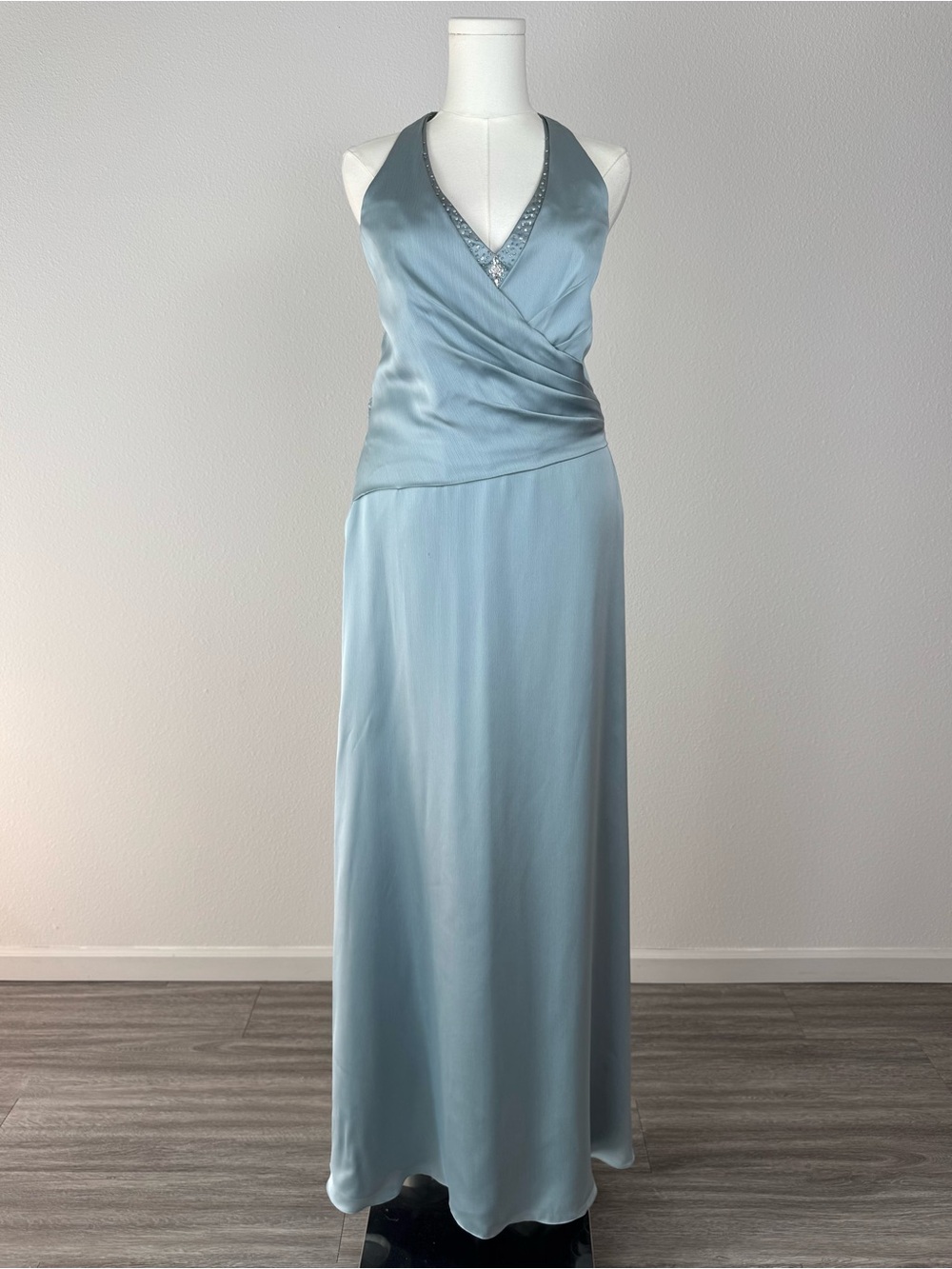Belsoie by Jasmine Ice Blue Rhinestone Halter Satin Maxi Gown Size 14